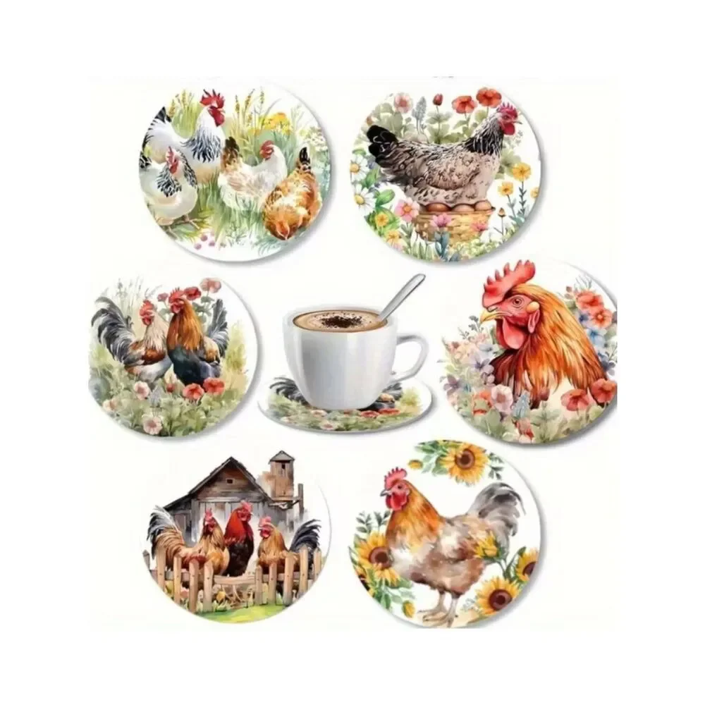 NWT 6pc Farmhouse Rooster Wooden Coaster Set Country Chic Kitchen Decor MDF Wood